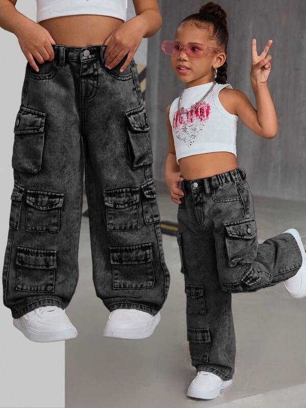 SHEIN SLAYR KIDS SLAYR KIDS Young Girl Loose Straight Leg Pink Denim Utility Pants Girls Cargo Jeanskids Cargo Jeans