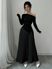 Rafferiza 女士斜肩褶皱紧身胸衣拼接褶皱下摆优雅连衣裙长款女装