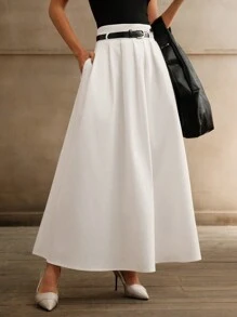 Anewsta Women White High Waist Pleated A-Line Skirt With Belt