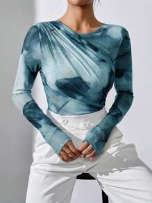 SHEIN Essnce 女士休闲时尚褶皱网眼花卉印花紧身衣 - 青碧色 - 查看 4