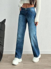 SHEIN Cottnline 女士直筒低腰牛仔裤 - 中等水洗藍 - 查看 6