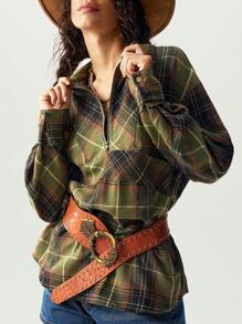 Bohemela Blusa holgada de manga larga con cuello de solapa a cuadros para mujeres, ropa de vacaciones