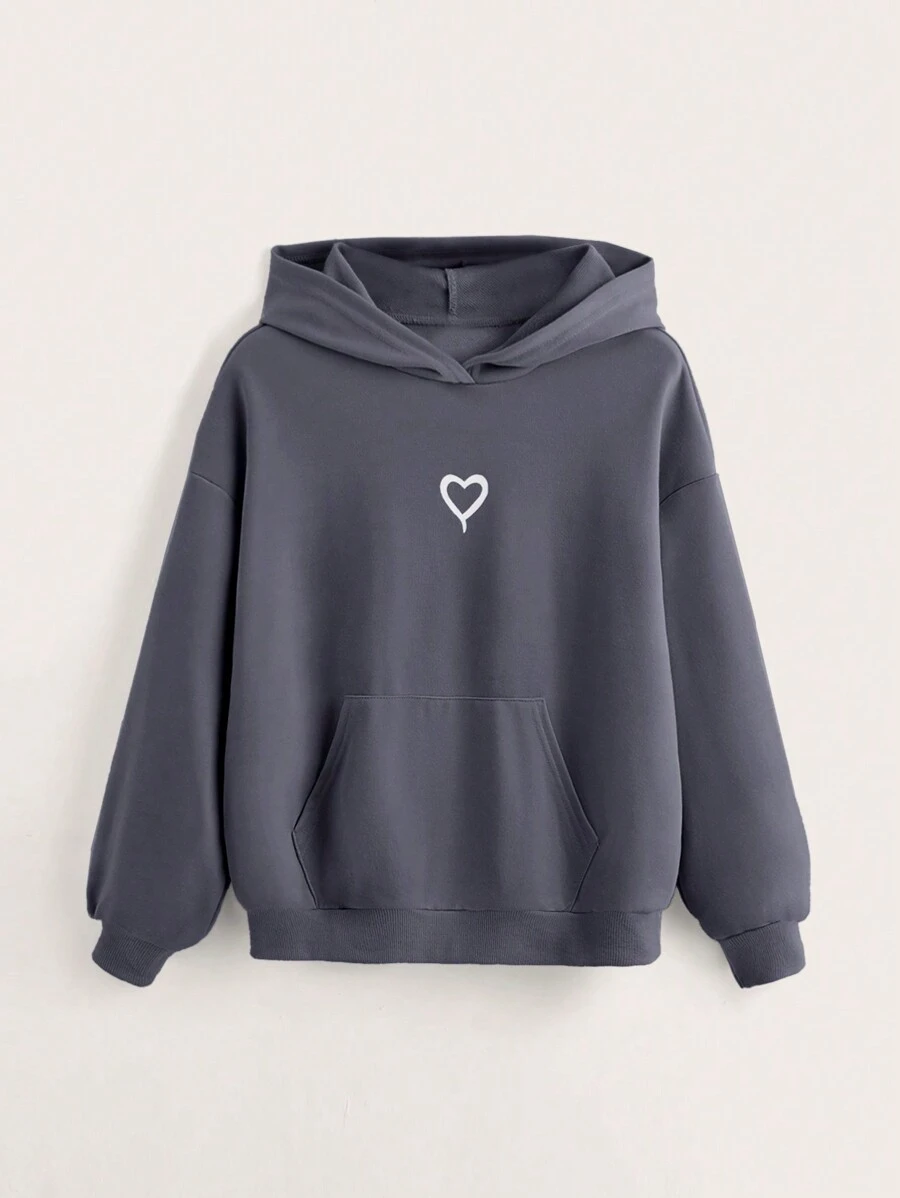 SHEIN 少女爱心印花宽松抽绳卫衣，长袖，秋冬季 - 深灰色 - 查看 1