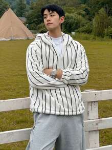DAZY 男士条纹丝绒连帽卫衣，休闲日常穿着，秋季七分拉链款 - 彩色 - 查看 5