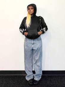 BamGleam Woman Sexy Loose Shiny Rhinestone Flame Pattern Hoodie Pullover Fall - Black - View 6