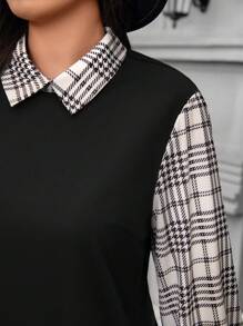 SHEIN LUNE Plus Size Women's Black Fuzzy Ribbed Splice Sleeve White Solid Shirt Collar Design Long Sleeve Dress, Autumn/Winter Dress