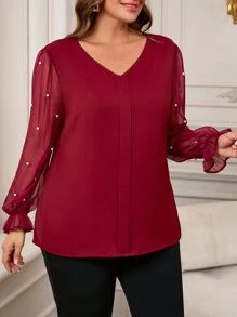 EMERY ROSE Blusa elegante de Navidad para mujer de talla grande con cuello en V, detalles de malla y decoración de perlas falsas, ropa de invierno para mujer