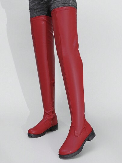 Women's Red Elastic Pull-On Over-The-Knee Boots, Flat Sock Boots, European And American Style For Christmas And New Year Holiday