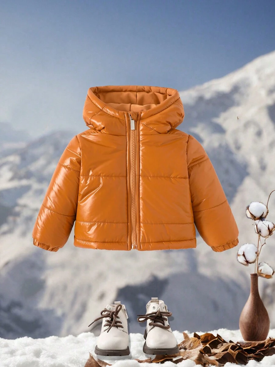 Abrigo acolchado con capucha y cierre de cremallera de unicolor casual para bebé niña, de invierno - Marrón - Ver 1