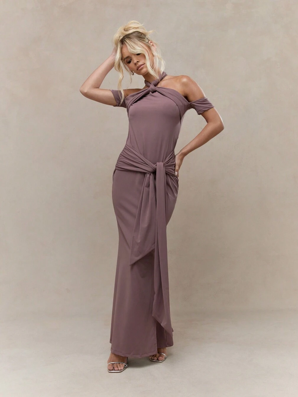 bardot jersey dress Women's Grey Marl Jersey Fold Over Bardot Maxi Dress