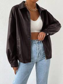 SHEIN EZwear Drop Shoulder Zip Up PU Cropped Leather Jacket In Fall/Winter
