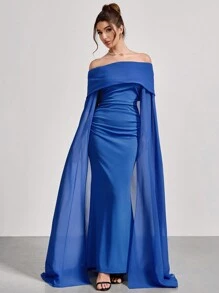 SHEIN Belle Damen Mode Herbst und Winter Bankettparty Zusammenkunft Alltags Elastisch und Mesh Kontrast Kleid, Ausschnitt Schulterfrei und großer Puffärmel Design modisch sexy schlank, tailliertes blaues Kleid Abendkleid, elegantes Ballkleid für Hochzeitsgäste, Abschluss, Dinner - Blau - Übersicht 6