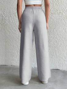 EURMUSE Women Drawstring Waist Loose Knitted Straight-Leg Pants, Casual For Daily Wear, Spring & Autumn ,Petite Women - Light Grey - View 2