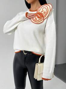 SHEIN Unity Women's Drop Shoulder 3D Floral Edged Orange Sweater, Knit Pullover Fall Winter - Beige - View 7
