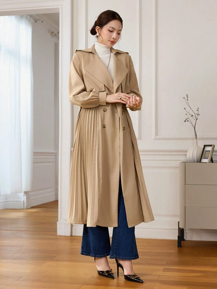 Seusyu Women Solid Color Belted Double Breasted Pleated Elegant