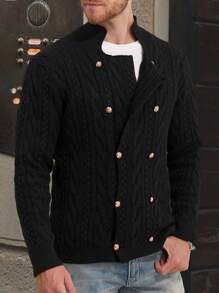 Manfinity Dauomo 男士纯色双排扣长袖休闲开衫，秋冬 - 黑色 - 查看 6