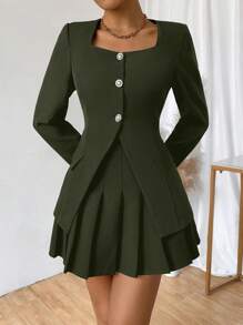 Chiquease 1 件女式纯色前扣长袖简约西装外套，休闲日常穿着 - 橄欖綠 - 查看 3