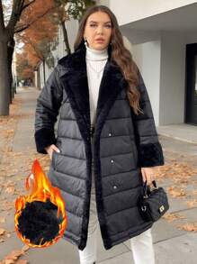 SHEIN Privé 大码女式羊毛拼接收腰长款加厚外套，立领，口袋，加厚保暖黑色外套，秋冬 - 黑色 - 查看 4