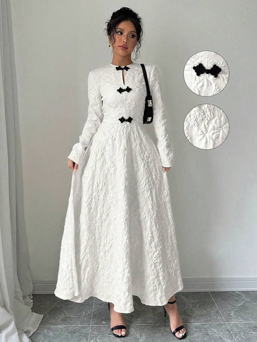 Elenzga 女士优雅提花拼色纽扣装饰收腰长裙，春秋季长款女装 - 白色 - 查看 1