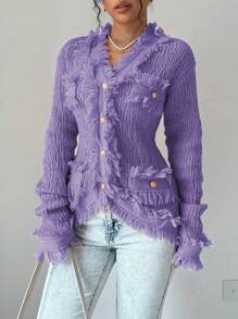 Elenzga 女式纯色拼布流苏长袖单排扣开衫，秋冬款