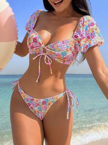 Swim Vcay Summer Beach Floral Print Drawstring Front Bikini Set - Multicolor - View 5