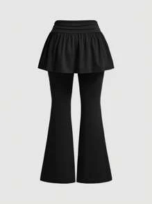 SHEIN MOD Plus Size Ballet-Style Ruched Bow Decor Mini Skirt, 2 In 1 Long Flared Pants - Black - View 2