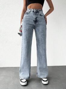 EURMUSE Letter Patched Wide Leg Jeans - Rửa nhẹ - Xem 4