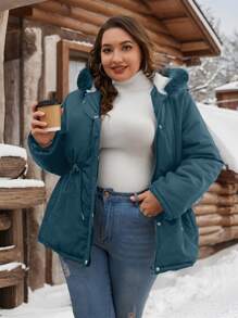 SHEIN Essnce Plus Size Solid Color Front Zipper Long Sleeve Pocket Casual Hooded Coat