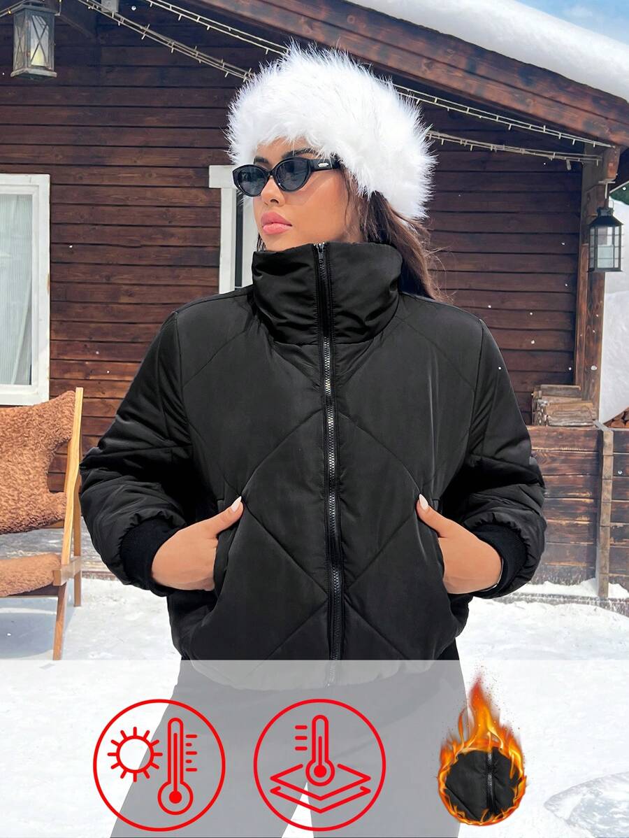 SHEIN EZwear 大码女式纯色前拉链短款休闲棉服外套，冬季服装 - 黑色 - 查看 1