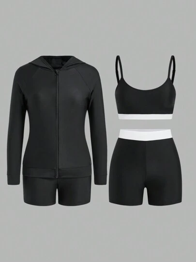 Women Plain Front Zipper Long Sleeve Jacket, Plain Splicing Spaghetti Strap Minimalist Top And Shorts For Surfing Summer