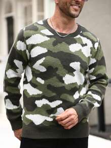 Manfinity Homme Jersey de cuello redondo casual con patrón de camuflaje de bloques de color para hombres, otoño/invierno