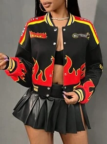 Slaydiva 秋冬新款休闲街头棒球服短款宽松机车火焰印花女士外套 - 黑色 - 查看 1