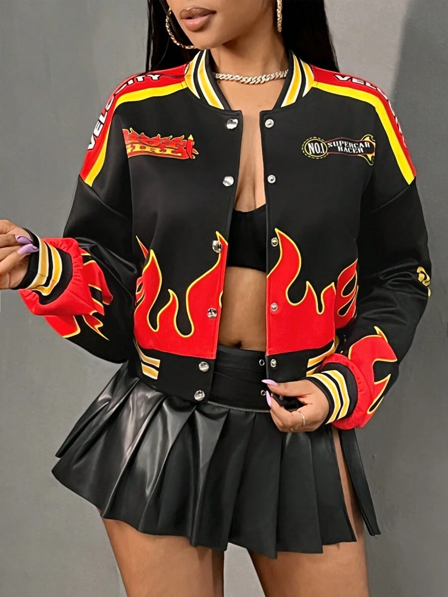 Slaydiva 秋冬新款休闲街头棒球服短款宽松机车火焰印花女士外套 - 黑色 - 查看 1