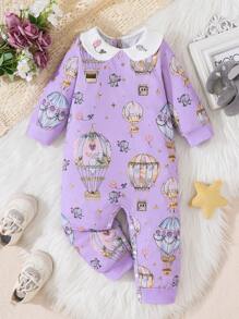 Souflis Souflis Combinaison à manches longues pour bébé fille avec col Peter Pan, motifs de fleurs roses et de montgolfières, rayures texturées. Convient pour l'intérieur et l'extérieur, en tissu doux et confortable. Combinaison violette - Prune - Voir 1