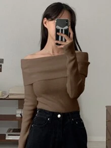 DAZY Suéter de punto de unicolor con hombros descubiertos para mujer, elegante casual para uso diario, suéter con hombros descubiertos para otoño/invierno