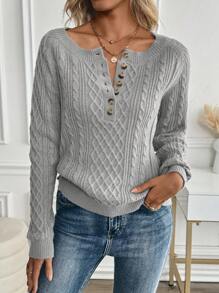 SHEIN LUNE Casual Buttoned Embroidery Decor Comfortable Women Solid Color Pullover Sweater Knit Pullover Fall Winter Outfit