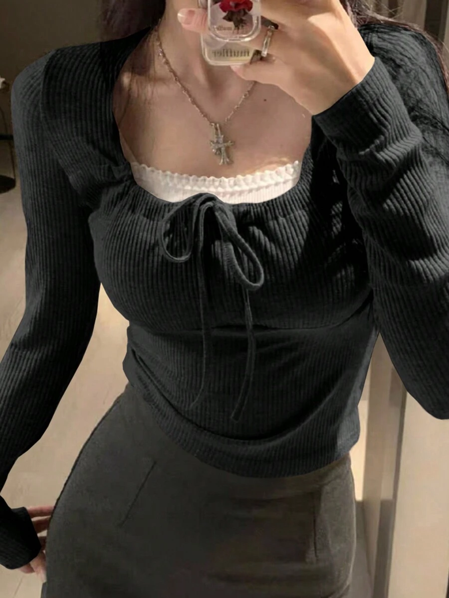 DAZY Women's Lace-Up Design Fitted T-Shirt, Black, Spring/Summer/Autumn Long Sleeve Women Tops,Fall Women Clothes Cute Tops - Black - View 1