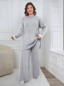 EURMUSE Plus Size Sweater And Pants Two-Piece Set With Raglan Sleeve, For Winter - Light Grey - View 1
