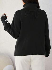 SHEIN Cottnline كنزة صوفية بتصميم سادة بياقة عالية، أكمام طويلة، كاجوال بسيط، للارتداء في الشتاء، مقاس كبير الحجم - الأسود - مشاهدة 2