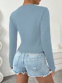 Chiquease Suéter de Tricô Feminino Casual de Cor Sólida com Decote em V de Manga Longa, Outono e Inverno - Azul - Visão 2