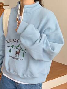 DAZY Women Graphic Embroidered Half-Zip Relaxed Fit Fleece Sweatshirt - Blue - View 7