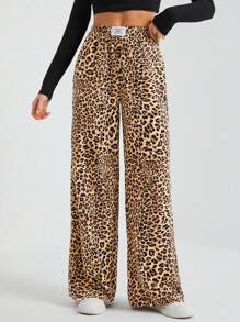 SHEIN Tall Quần ống rộng nữ kiểu dáng đường phố, chất liệu dệt họa tiết da báo. - Nhiều màu - Xem 5