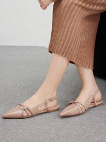 CUCCOO BIZCHIC 女士时尚杏色交叉绑带尖头露跟平底鞋，适合通勤、约会、派对、春季购物、春假、复活节和圣诞节等场合。 - 杏色 - 查看 3