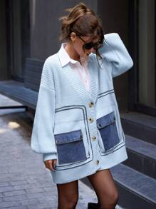 EURMUSE Knitwear Cardigan With Denim Detail Fall Winter Outwear Jacket - Baby Blue - View 4
