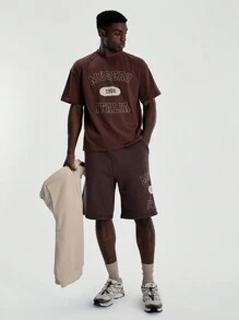 Musero Pantalones cortos tipo jogger de corte holgado con estampado gráfico para hombre