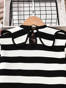 SHEIN Tween 女童彼得潘领长袖黑白条纹 A 字裙 - 黑與白 - 查看 6