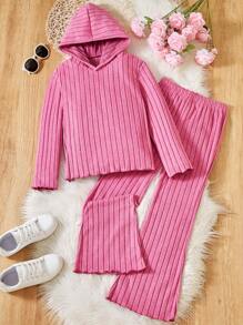 SHEIN 2pcs Outfit For Tween Girl, Casual Daily Wear Hooded Knit Top And Flare Leg Knit Pants Set, Suitable For Autumn And Winter