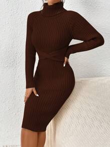 Chiquease Women Casual Solid Color High Neck Raglan Sleeve Cross Wrap Waist Fitted Sweater Dress - Brown - View 4