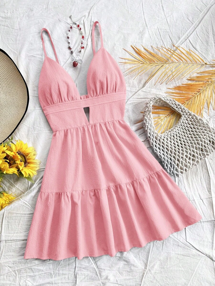 Soleia Robe nuisette à volants sans dos de couleur unie pour femmes, style décontracté et vacances, été - Rose bonbon - Voir 1