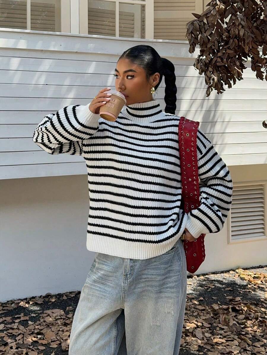 Chiquease Áo len dài tay dáng rộng kẻ sọc dành cho nữ, kiểu dáng thường ngày, đa năng, thích hợp cho mùa thu đông. - Đen và trắng - Xem 1
